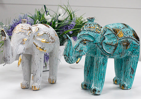 Handgesneden Olifant – 27x24x8 cm - Turkoois en Goud