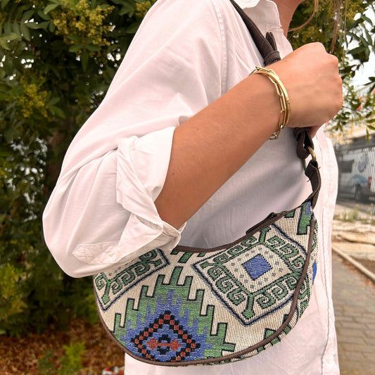 Jacquard Hobo Tasche - Geo-Green (Brauner Riemen)