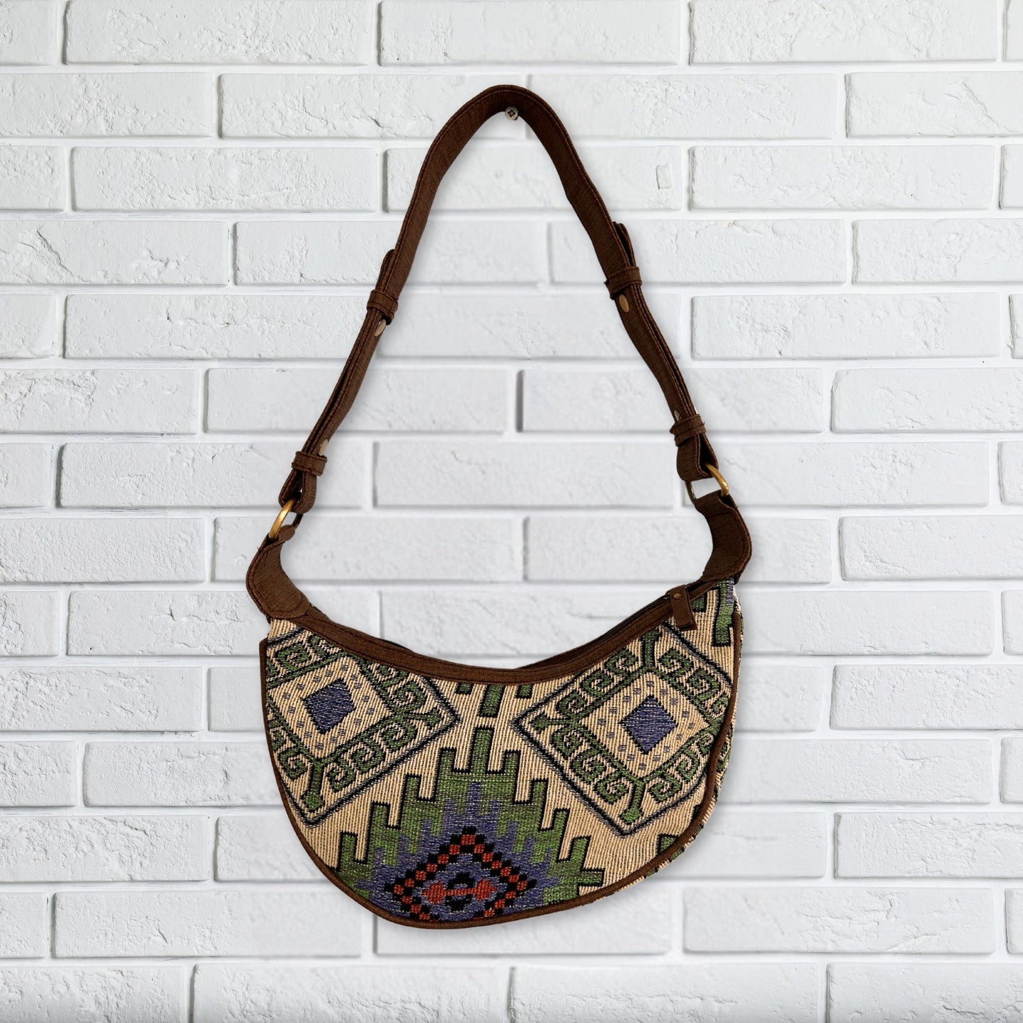Jacquard Hobo Tasche - Geo-Green (Brauner Riemen)