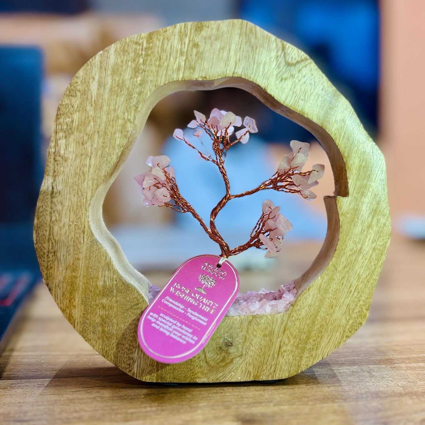 Edelsteenboomtuin - Ring van mango hout - Rozenkwarts - 60 schilfers