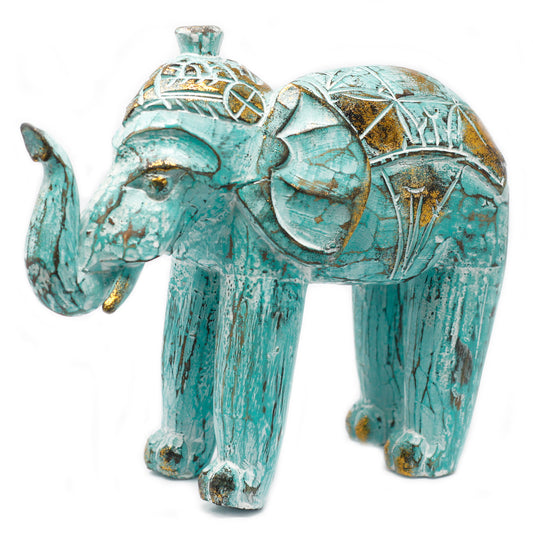 Handgeschnitzter Elefant – 27x24x8 cm - Türkis und Gold